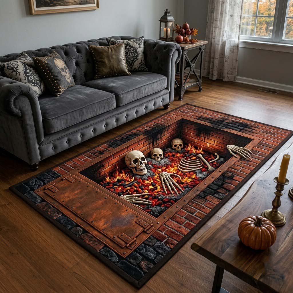 Skull Fire area rug in a living room