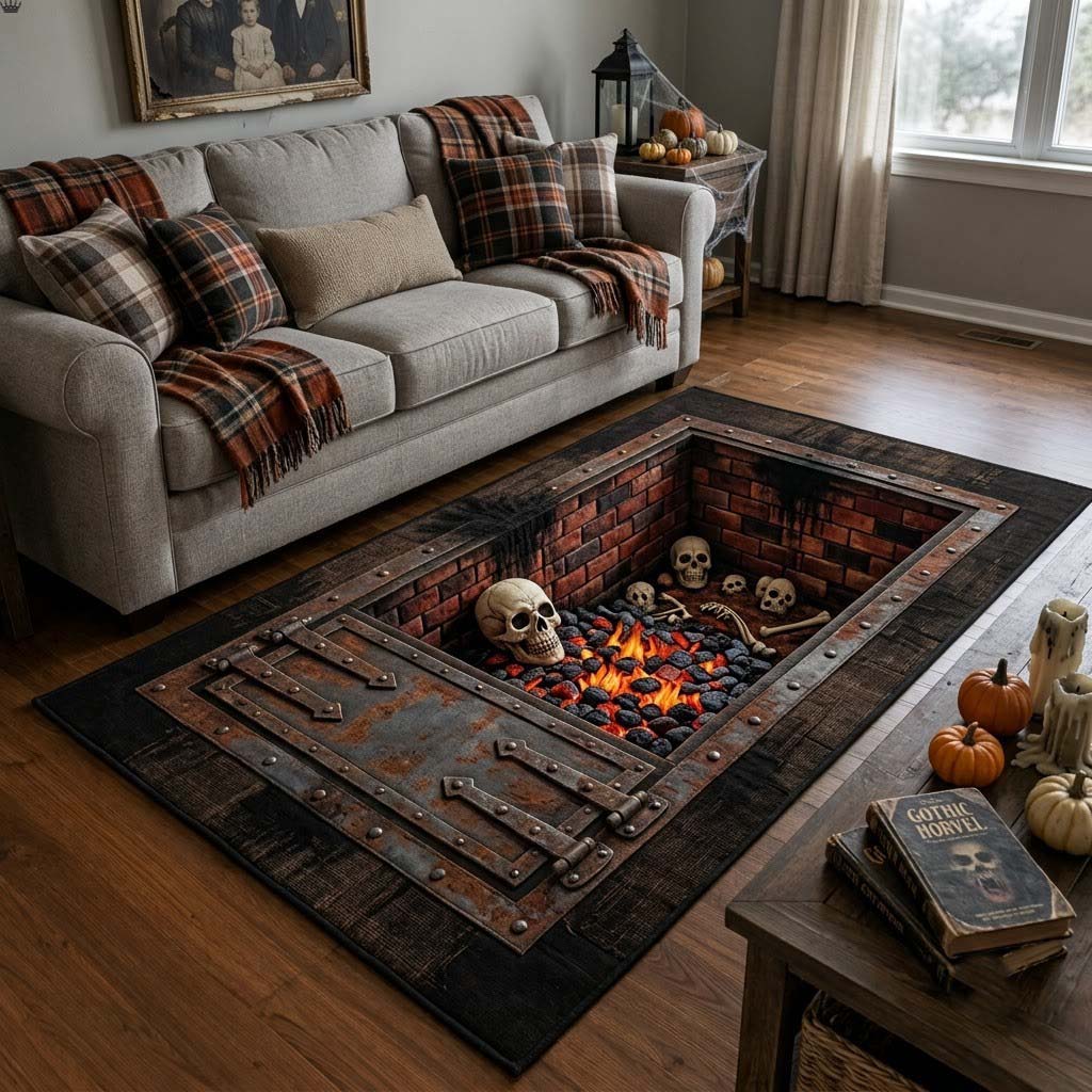 Skull Furnace area rug in a living room