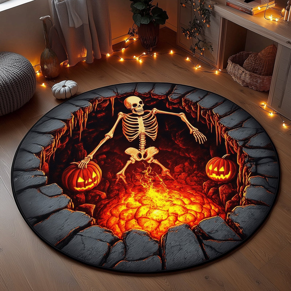 Skull Lava Round Mat Rug - washable non-slip printed rug