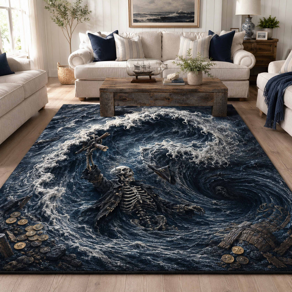 Skull Voyage area rug in a living room