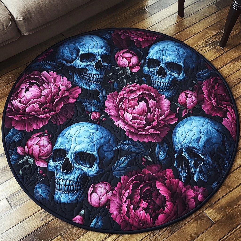 Skully Bloom Round Mat Rug - washable non-slip printed rug