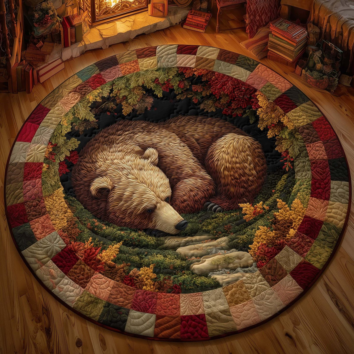 Sleeping Bear Round Mat Rug - washable non-slip printed rug