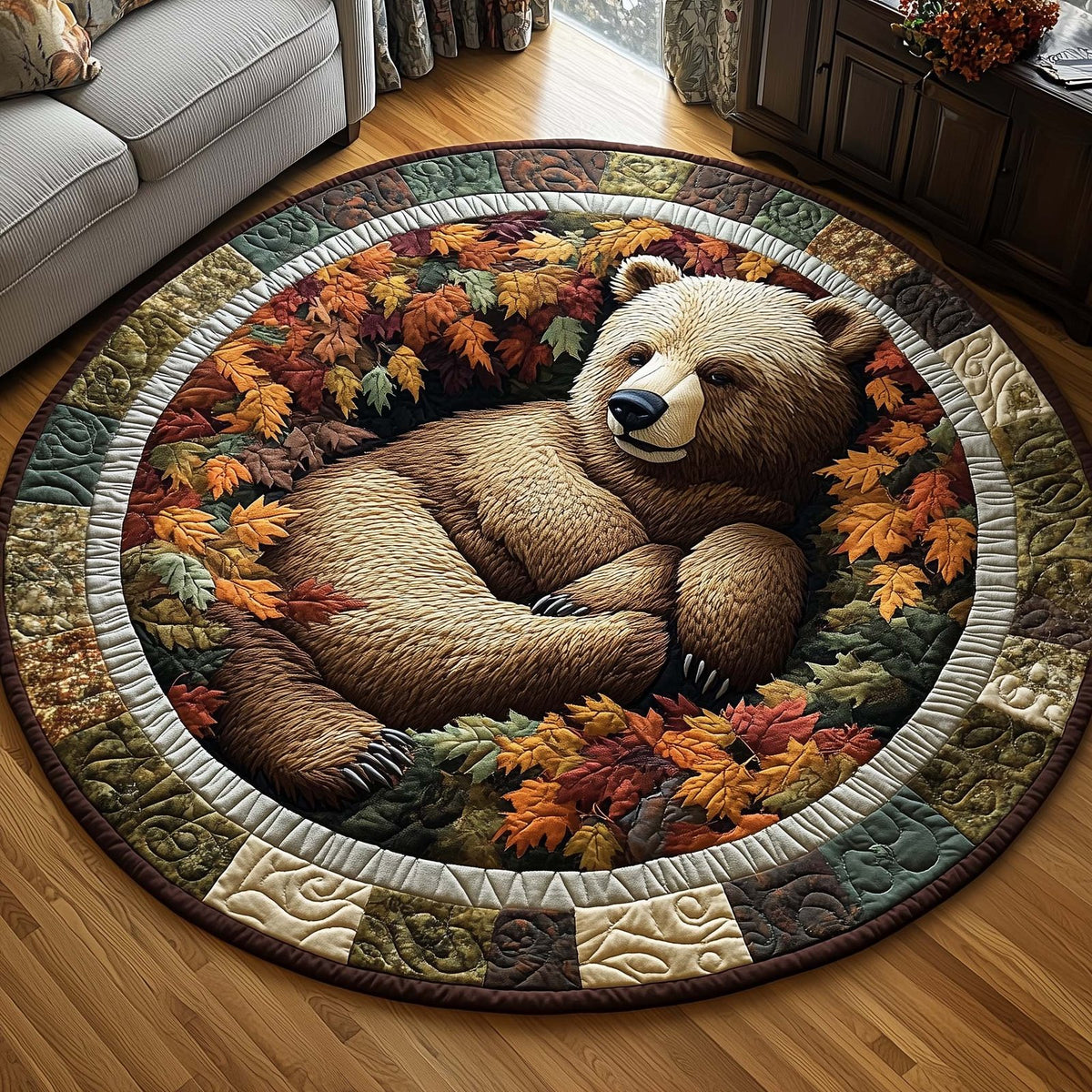 Sleeping Bear Round Mat Rug - washable non-slip printed rug
