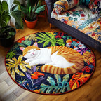 Sleeping Cat Retreat Round Mat Rug - washable non-slip printed rug
