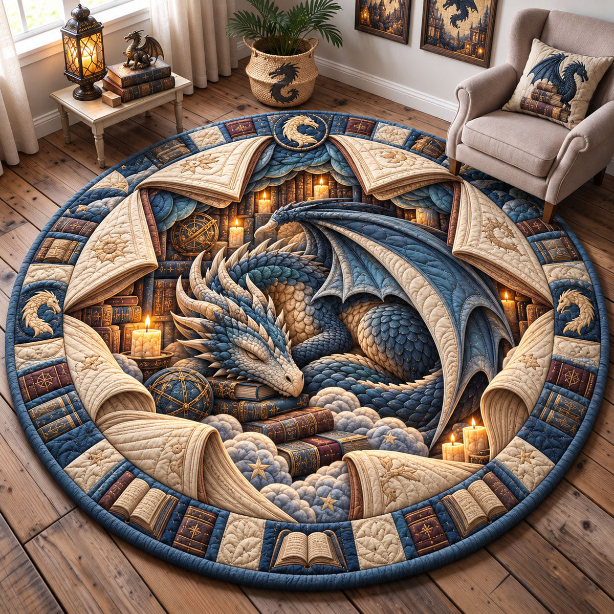 Sleeping Dragon Library Round Mat Rug - Cute Animal Design | Charming Home Decor - washable non-slip printed rug