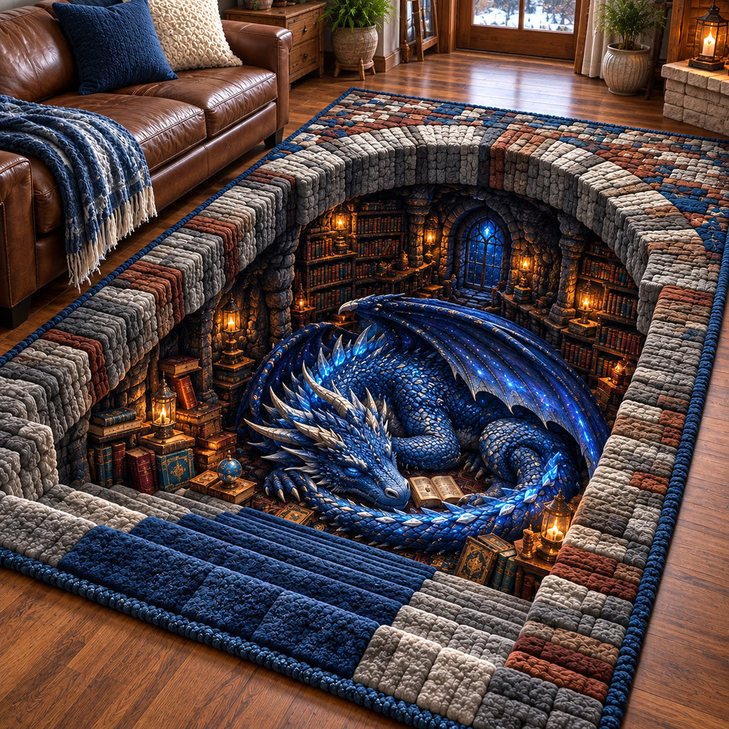 Sleeping Library Dragon area rug in a living room