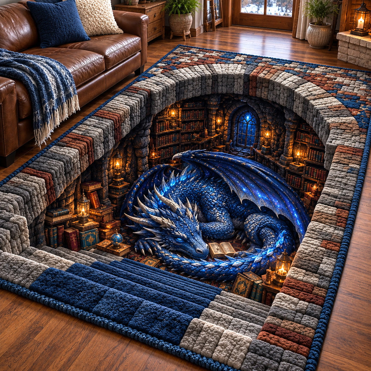 Sleeping Library Dragon area rug in a living room