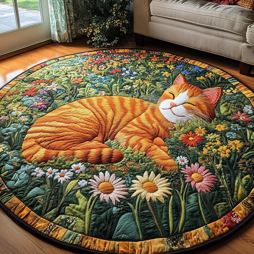 Sleepy Cat Round Mat Rug - Cute Pet Design | Animal Printed Home Decor