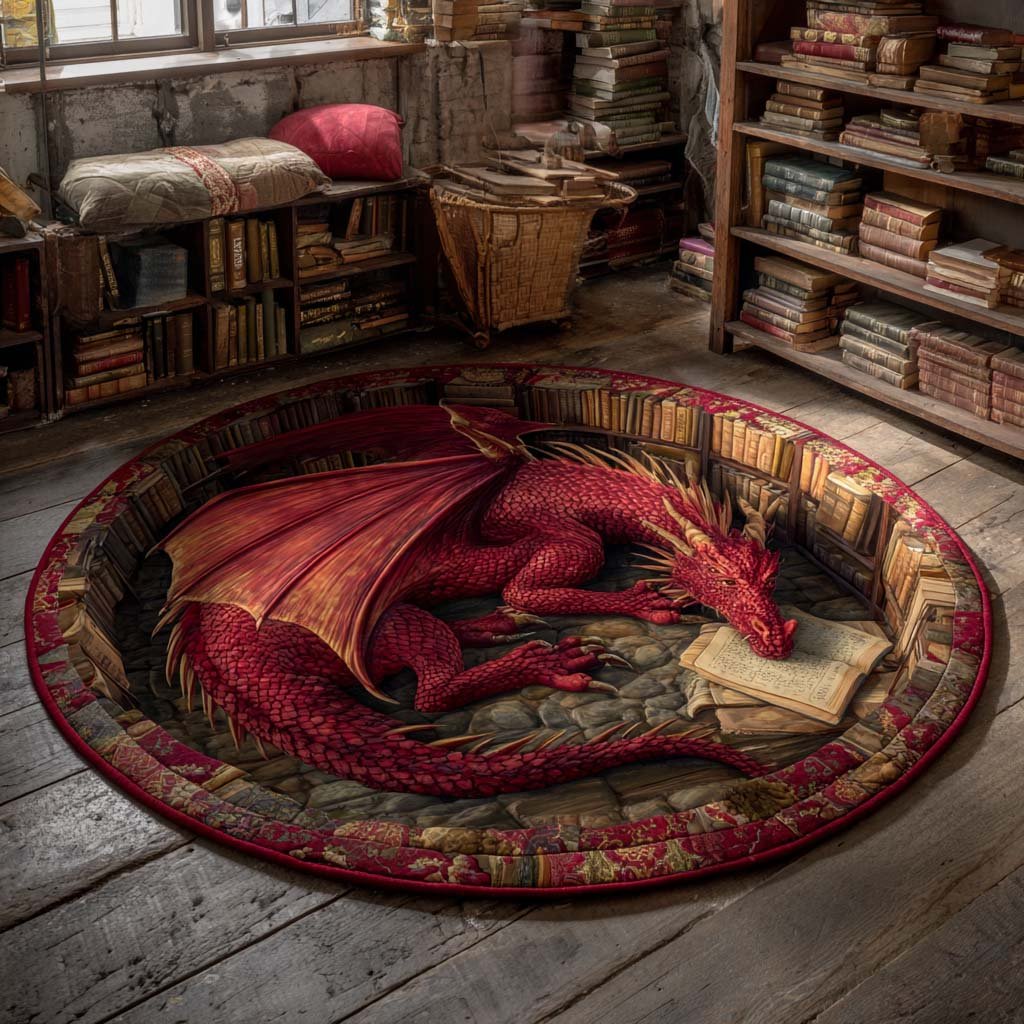 Slumbering Dragon Sage Round Mat Rug - washable non-slip printed rug