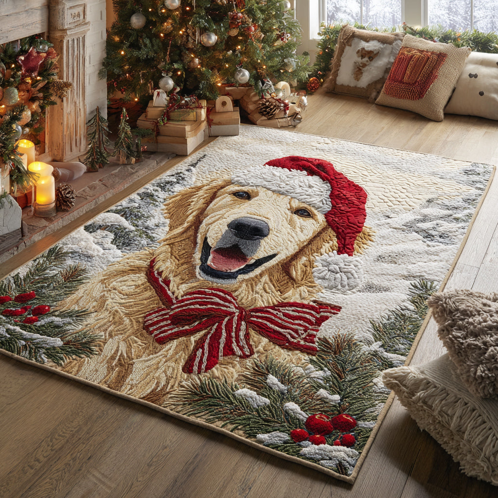 Smiling Golden Retriever area rug in a living room