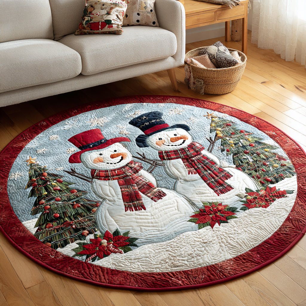 Smiling Snowman Pals Round Mat Rug - washable non-slip printed rug