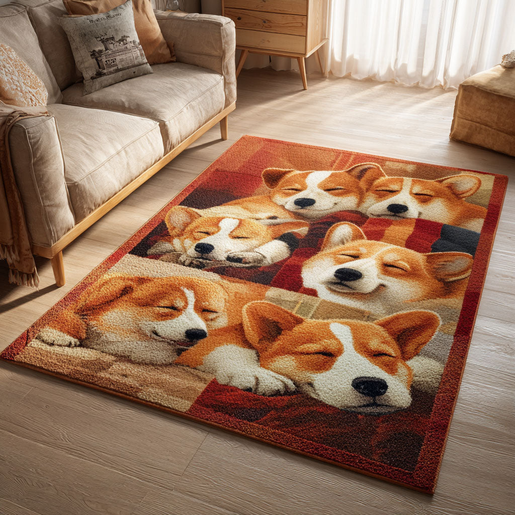 Snoozy Tail Wiggle area rug in a living room