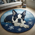Snow Boston Terrier Round Mat Rug - washable non-slip printed rug