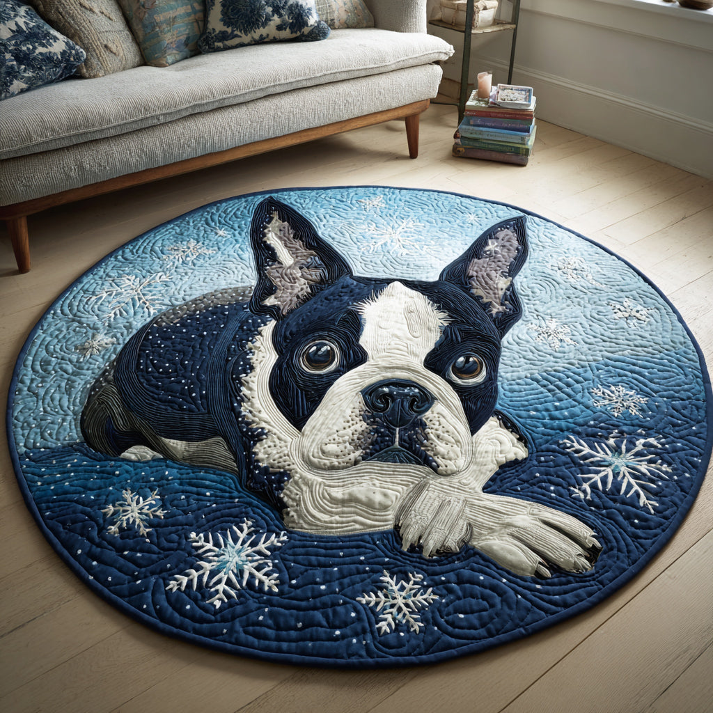 Snow Boston Terrier Round Mat Rug - Nature Design