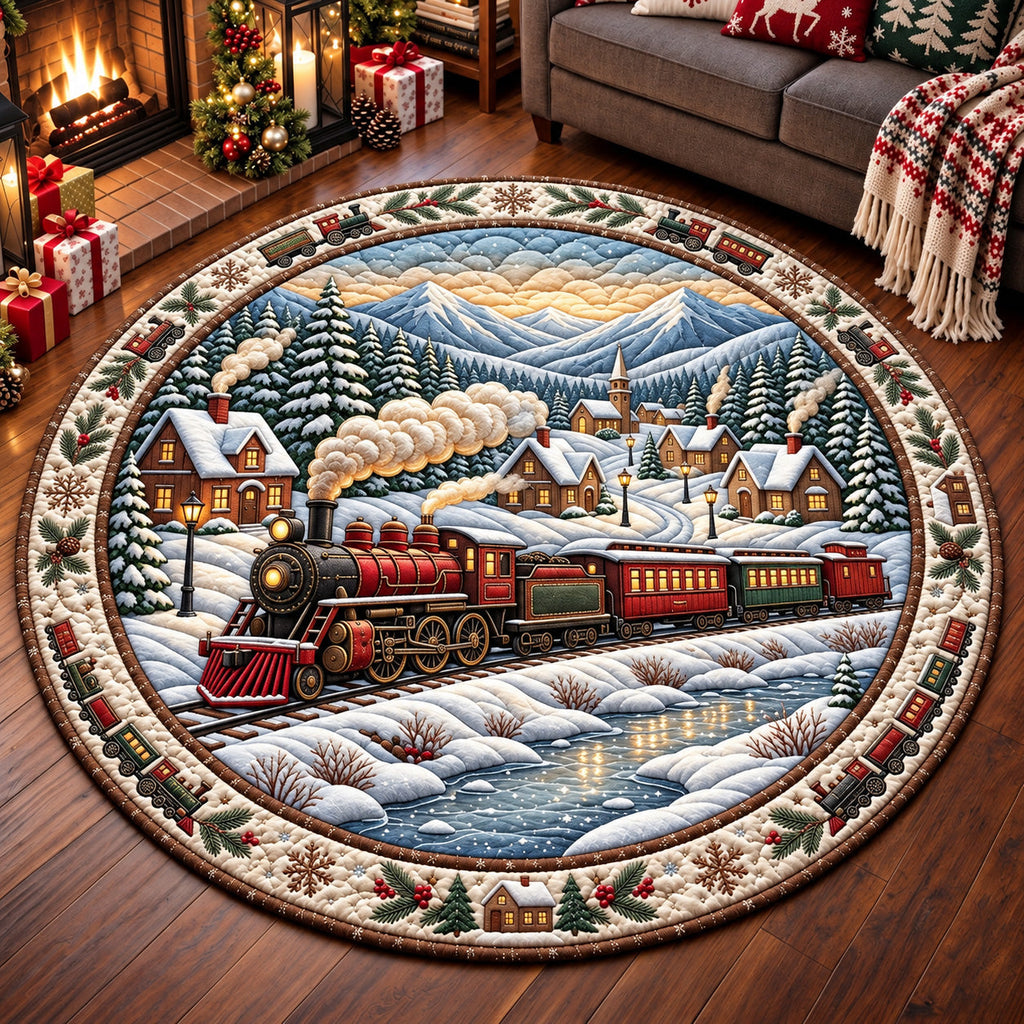 Snow Tunnel Train Round Mat Rug - Nature Design | Serene Home Decor - washable non-slip printed rug