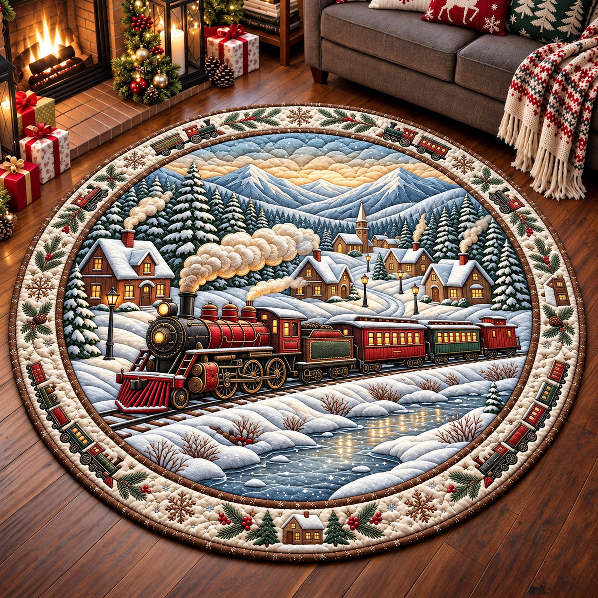 Snow Tunnel Train Round Mat Rug - Nature Design | Serene Home Decor - washable non-slip printed rug