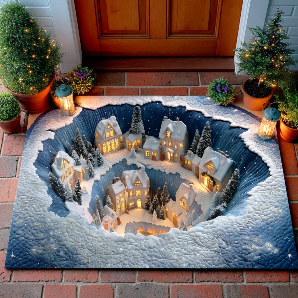 Snow Village Glow Doormat - Seasonal Holiday Design | Printed Welcome Doormat