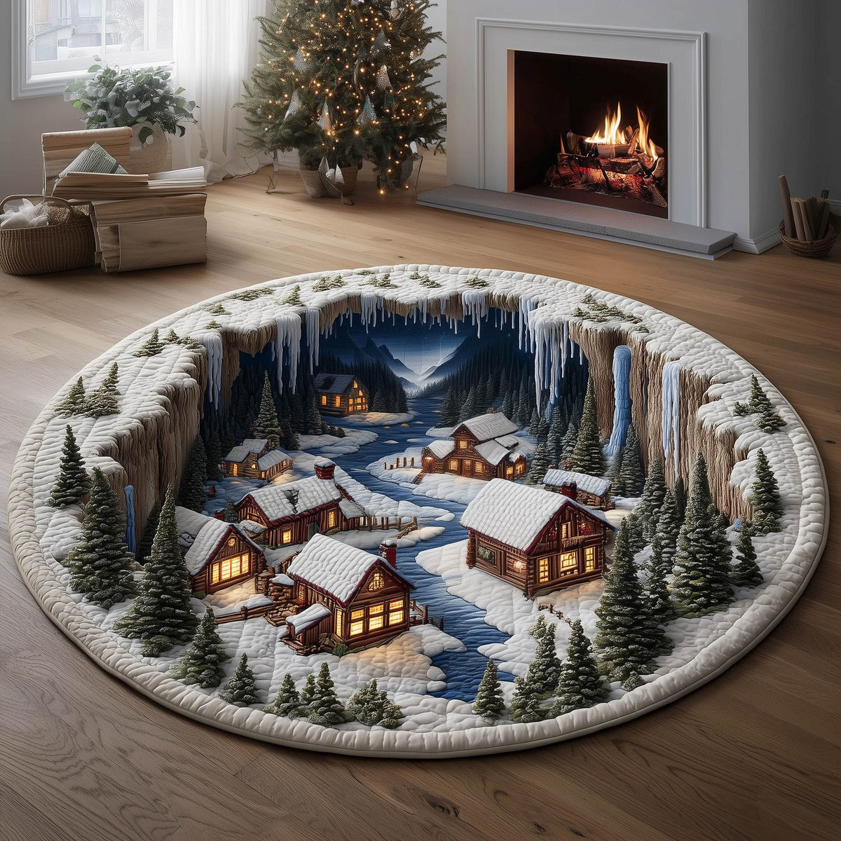 Snow Village Round Mat Rug - washable non-slip printed rug