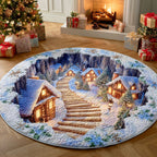 Snow Village Stairs Round Mat Rug - washable non-slip printed rug