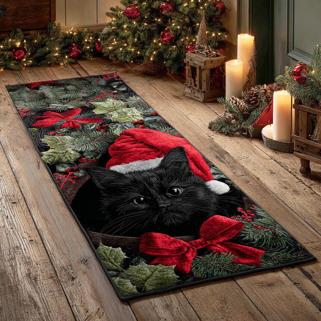 Snowbell Black Cat Runner Carpet Runner Rug - Cute Pet Design | Animal Printed Runner Rug