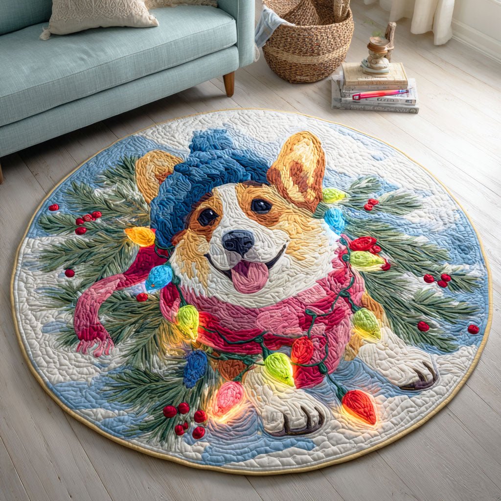 Snowflake Corgi Round Mat Rug - Cute Pet Design | Animal Printed Home Decor