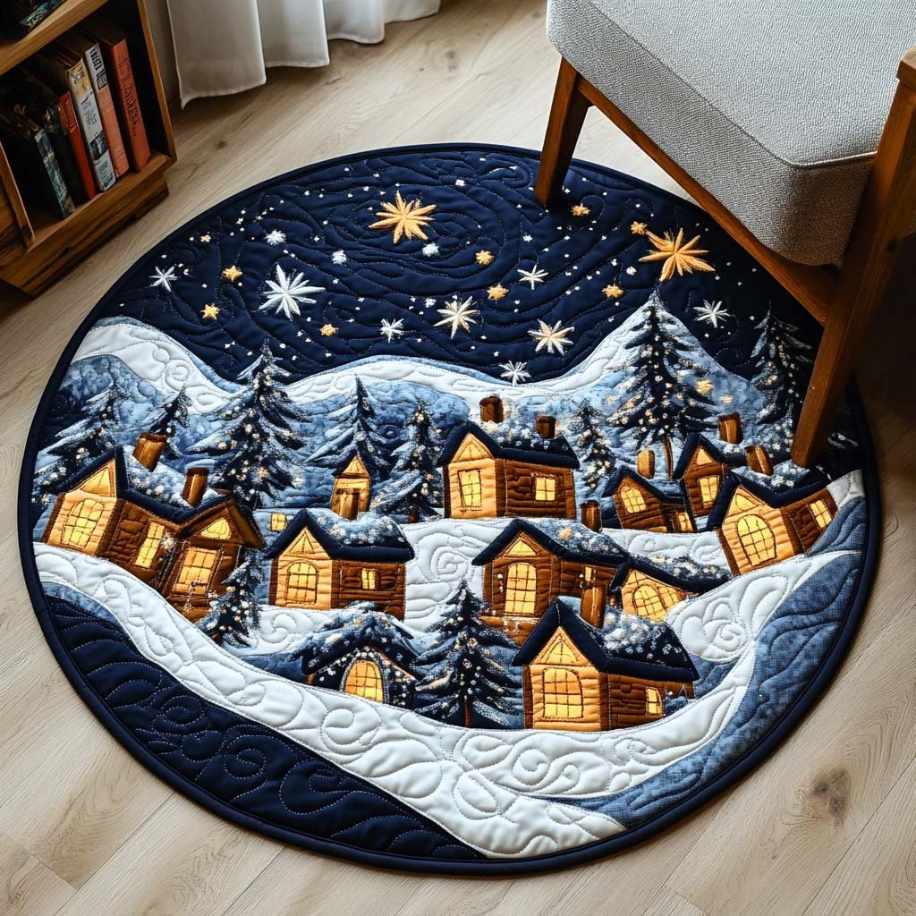 Snowflake Lodge Round Mat Rug - washable non-slip printed rug
