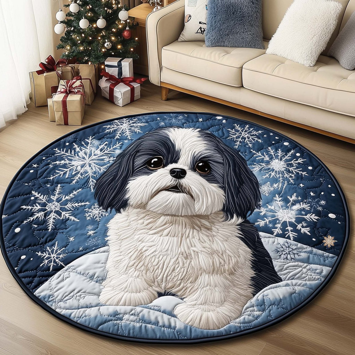 Snowflake Shi Tzu Round Mat Rug - washable non-slip printed rug