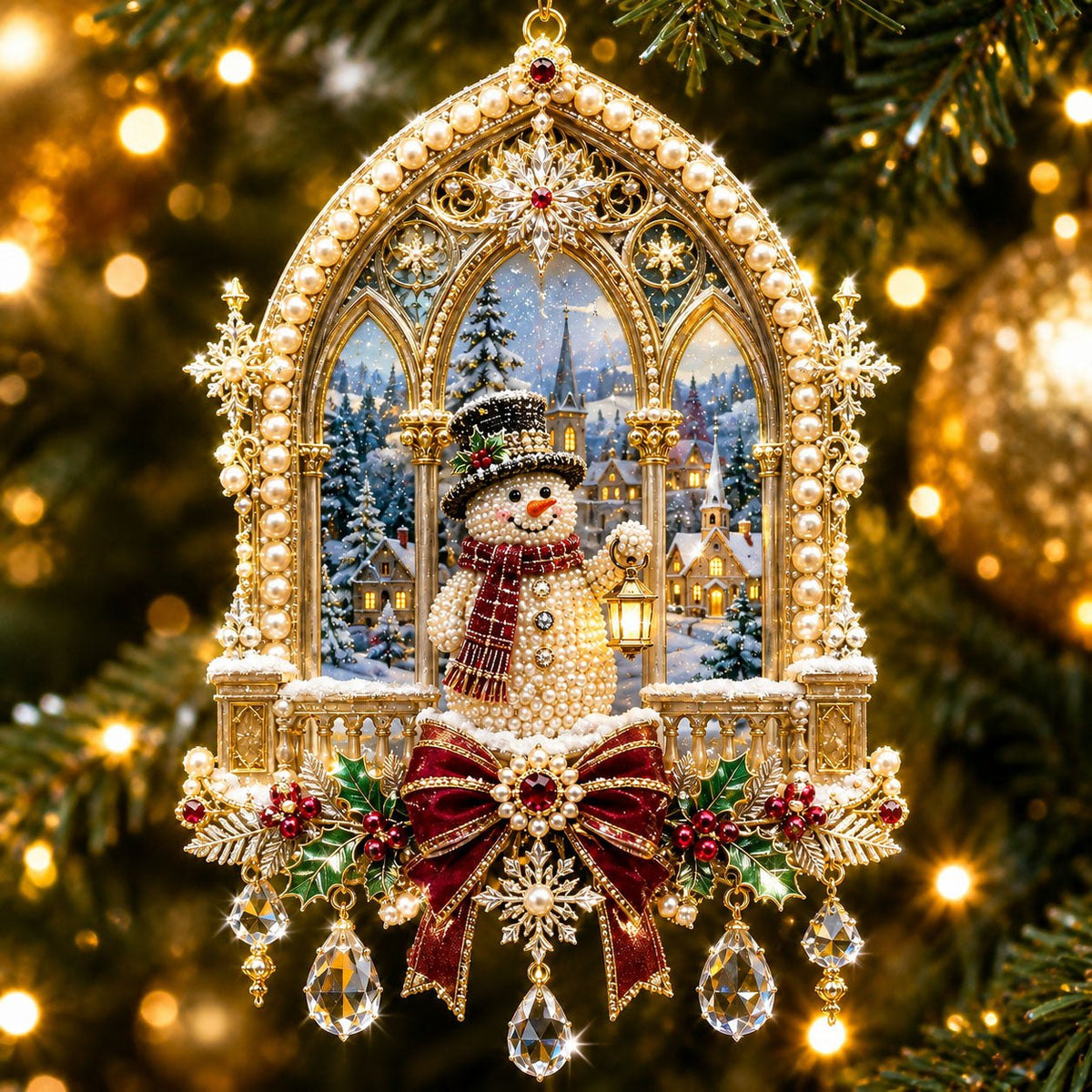 Snowman Cathedral Winter Christmas Ornament