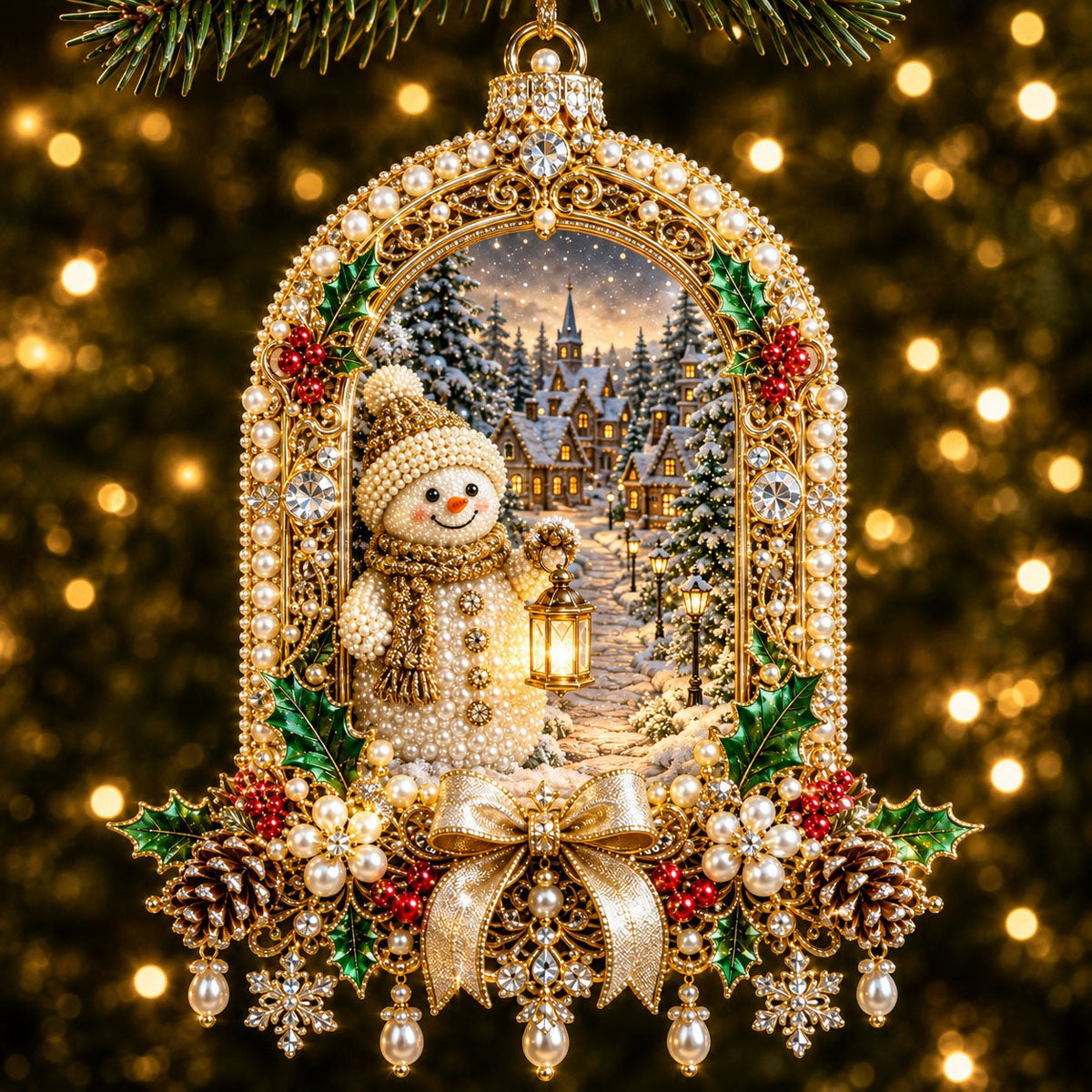 Snowman Lantern Village Christmas Ornament