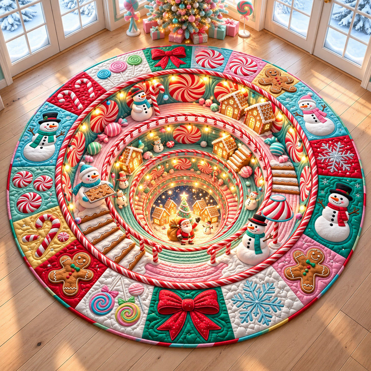 Snowman Christmas Candyland Hole Round Mat Rug - Seasonal Design | Festive Home Decor - washable non-slip printed rug