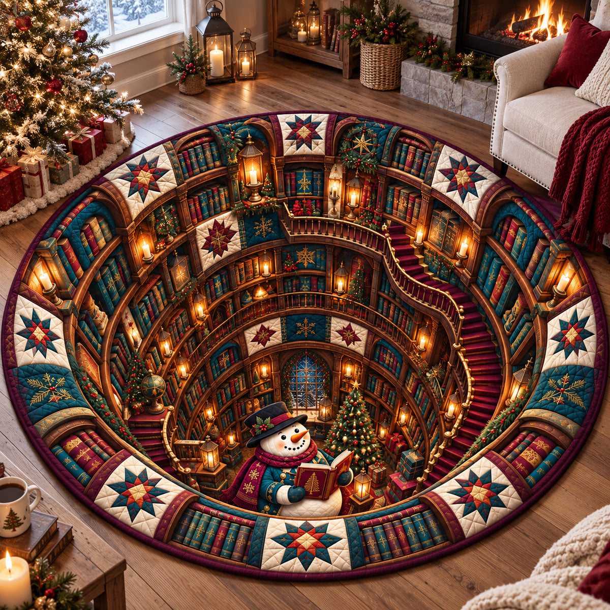 Snowman Christmas Library Round Mat Rug - Seasonal Design | Festive Home Decor - washable non-slip printed rug