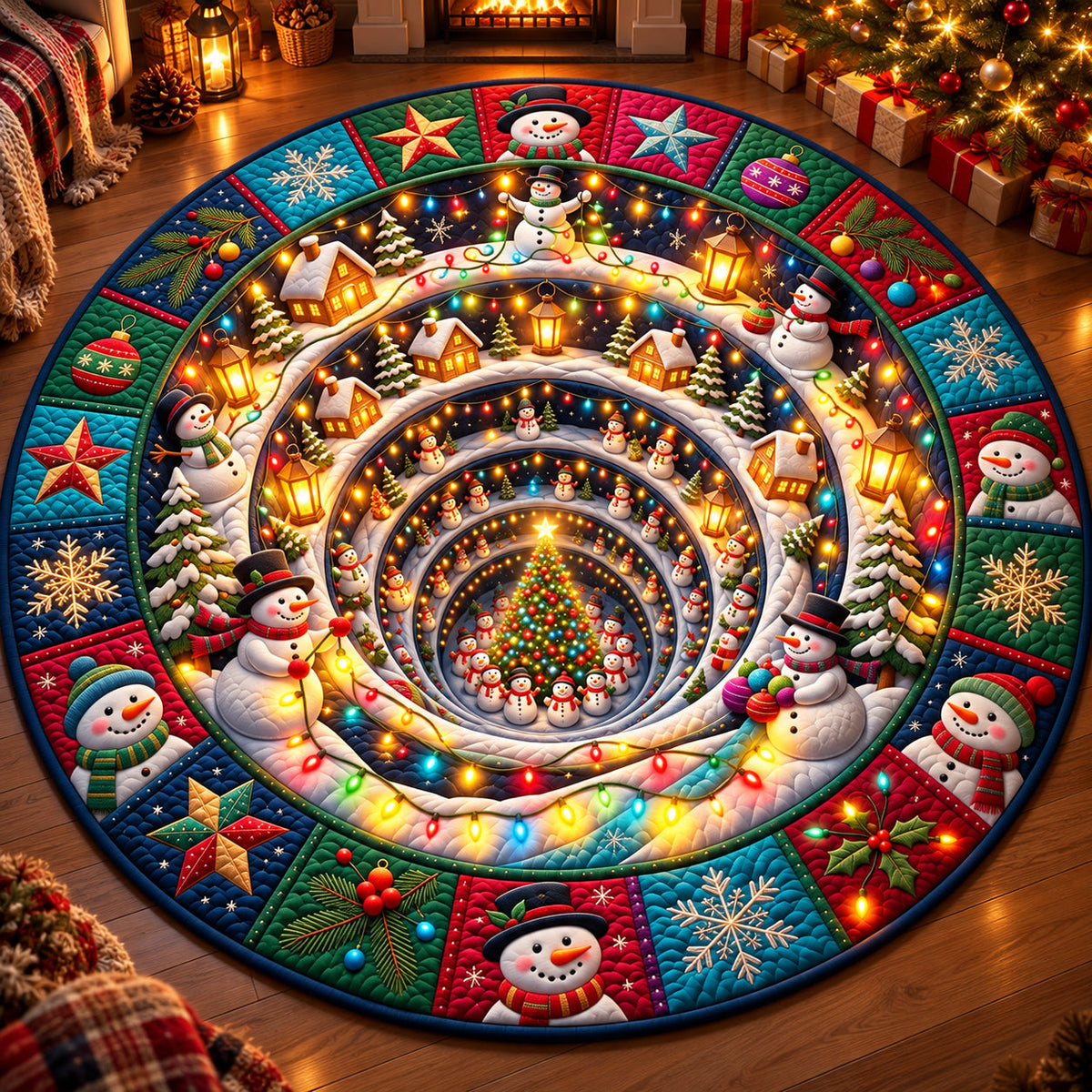 Snowman Christmas Light Vortex Round Mat Rug - Seasonal Design | Festive Home Decor - washable non-slip printed rug