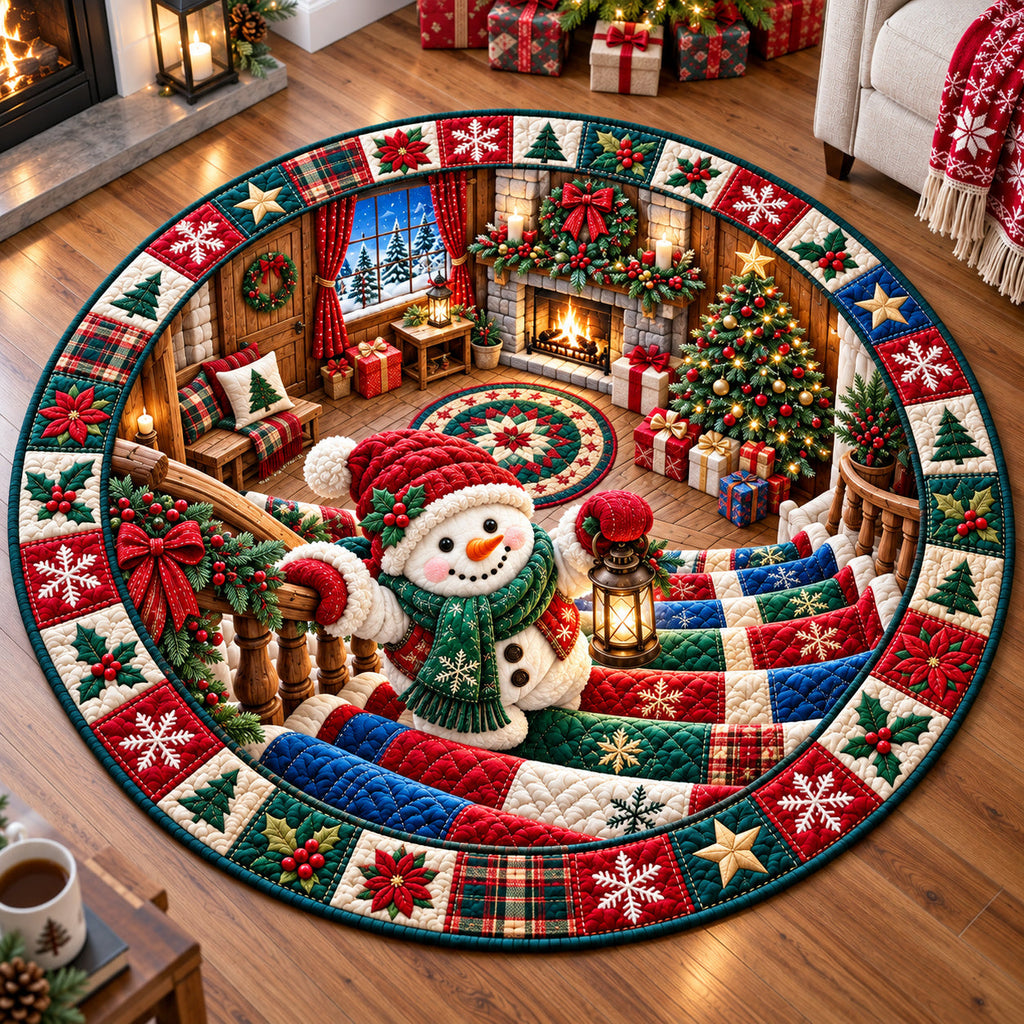 Snowman Christmas Parade Round Mat Rug - Seasonal Design | Festive Home Decor - washable non-slip printed rug