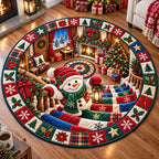 Snowman Christmas Parade Round Mat Rug - Seasonal Design | Festive Home Decor - washable non-slip printed rug
