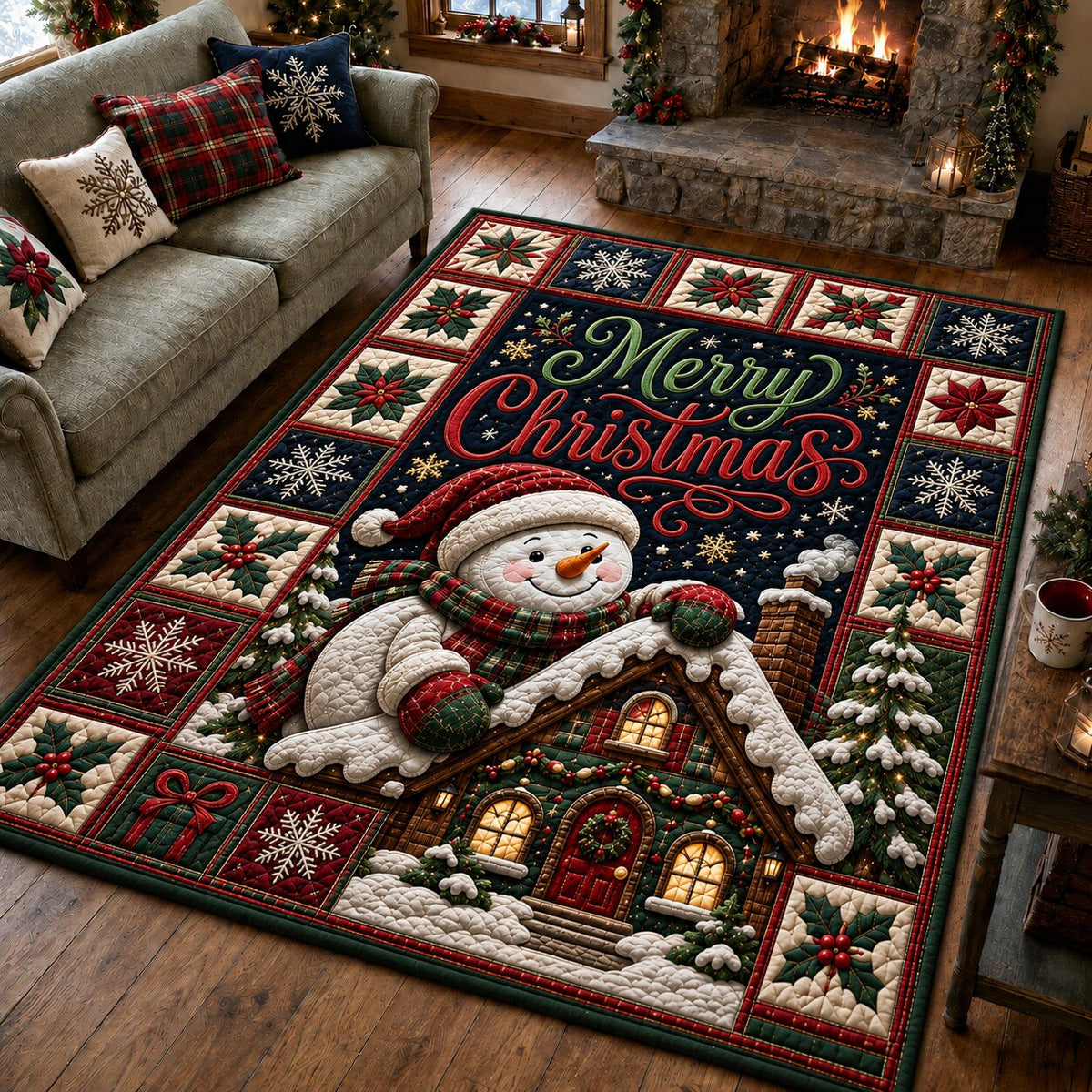 Snowman Cottage area rug in a living room