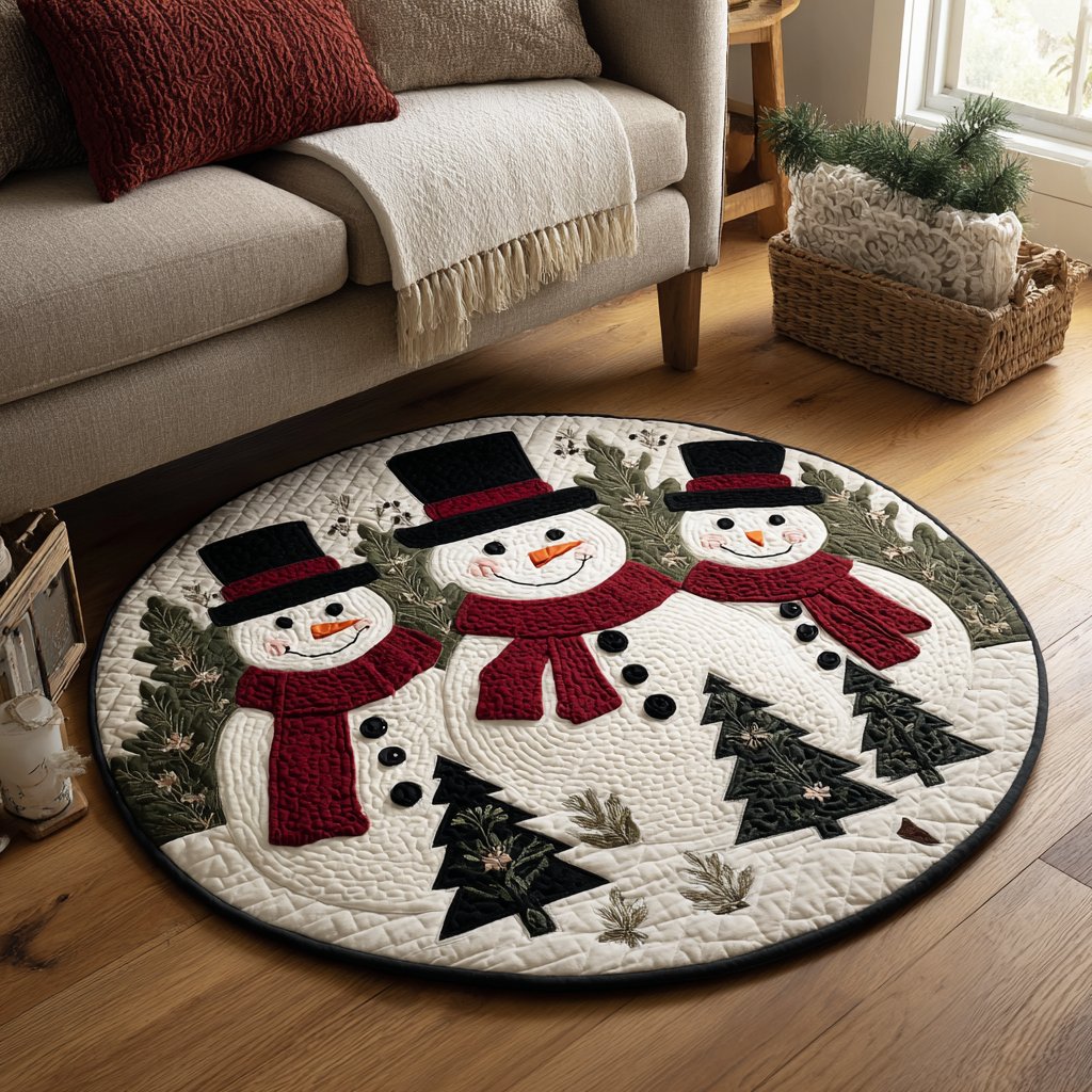 Snowman Delight Round Mat Rug - washable non-slip printed rug