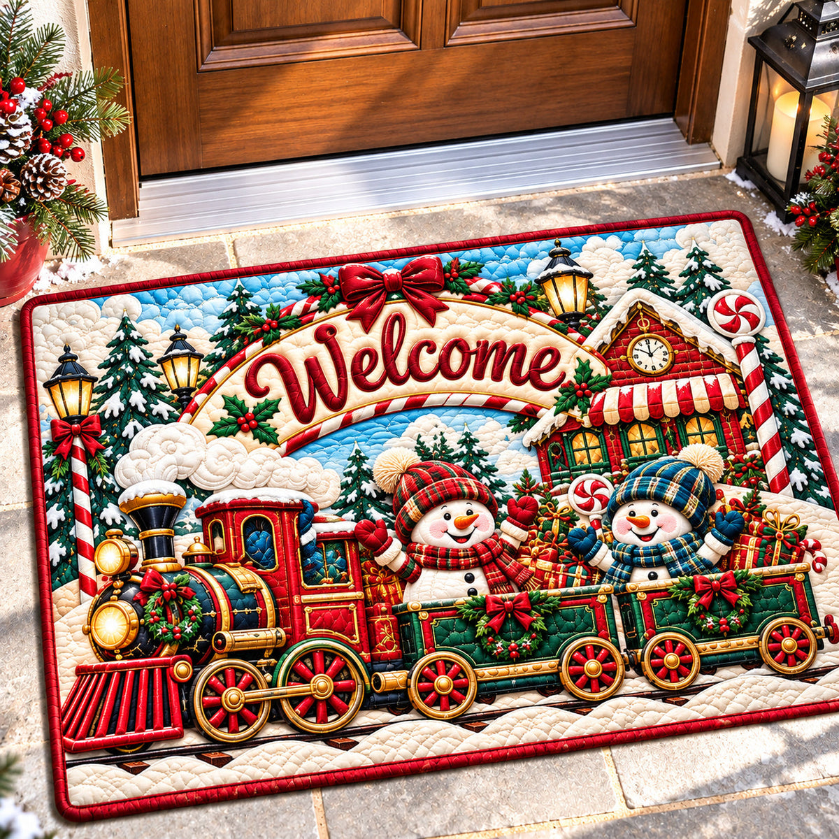 Snowman Express Doormat - Seasonal Design | Printed Welcome Doormat - washable non-slip printed rug