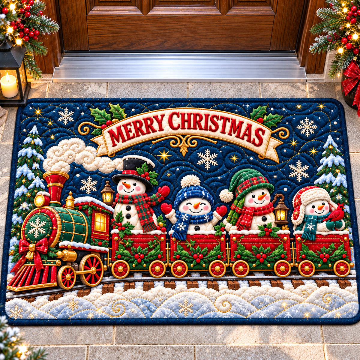 Snowman Family Doormat - Seasonal Design | Printed Welcome Doormat - washable non-slip printed rug