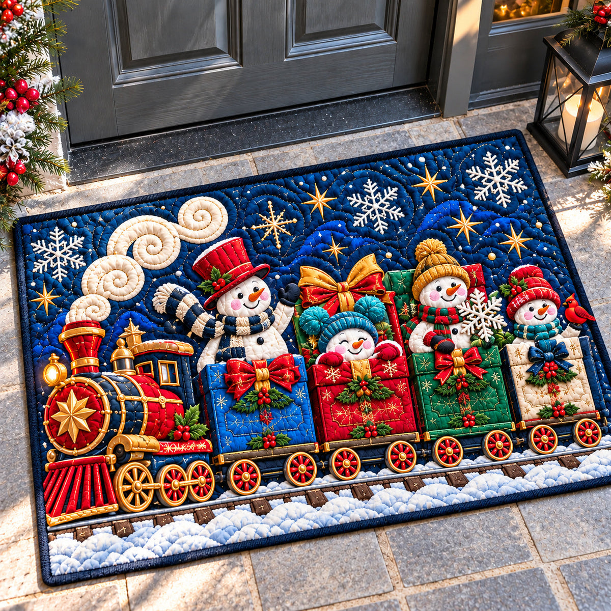 Snowman Friend Doormat - Seasonal Design | Printed Welcome Doormat - washable non-slip printed rug