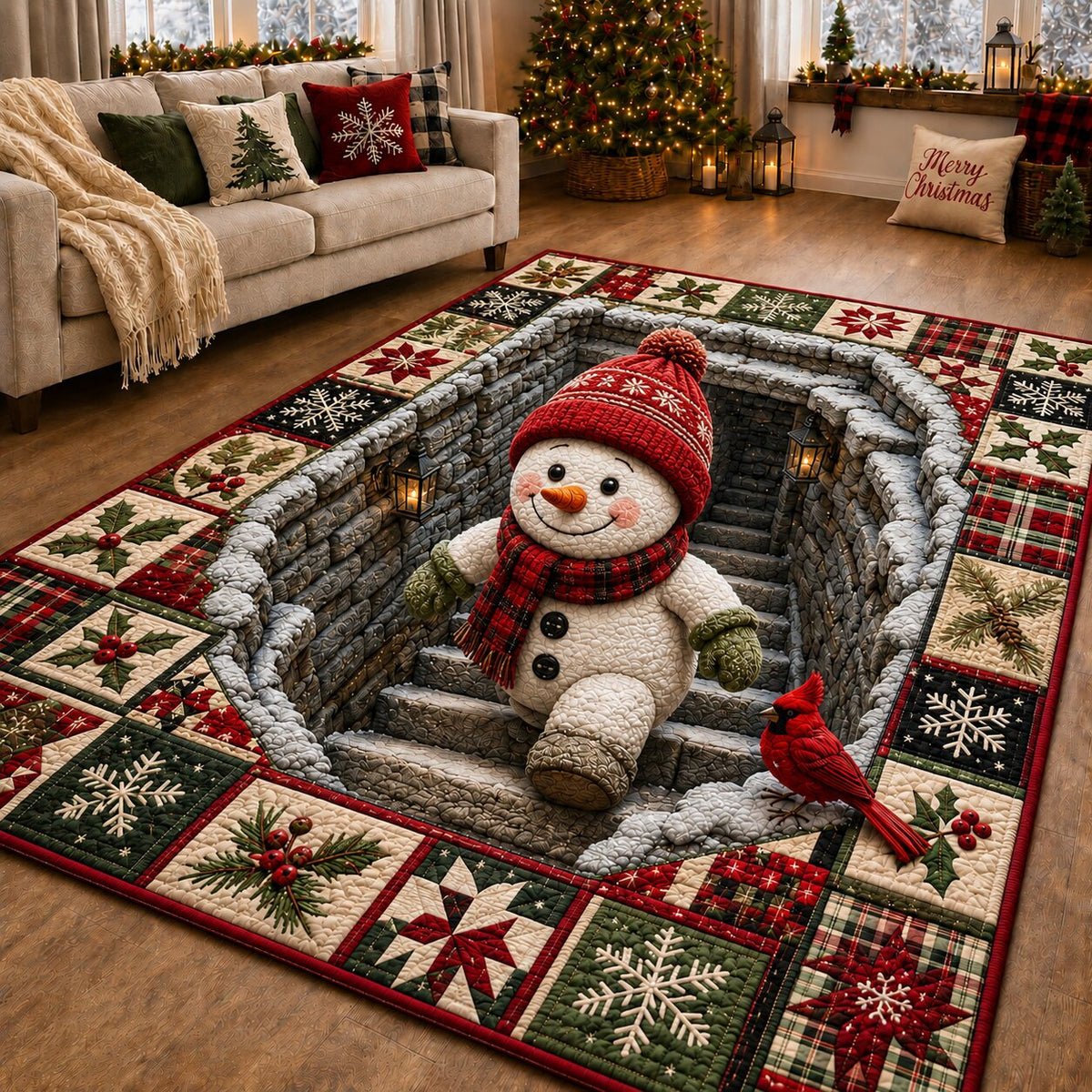 Snowman Friends area rug in a living room
