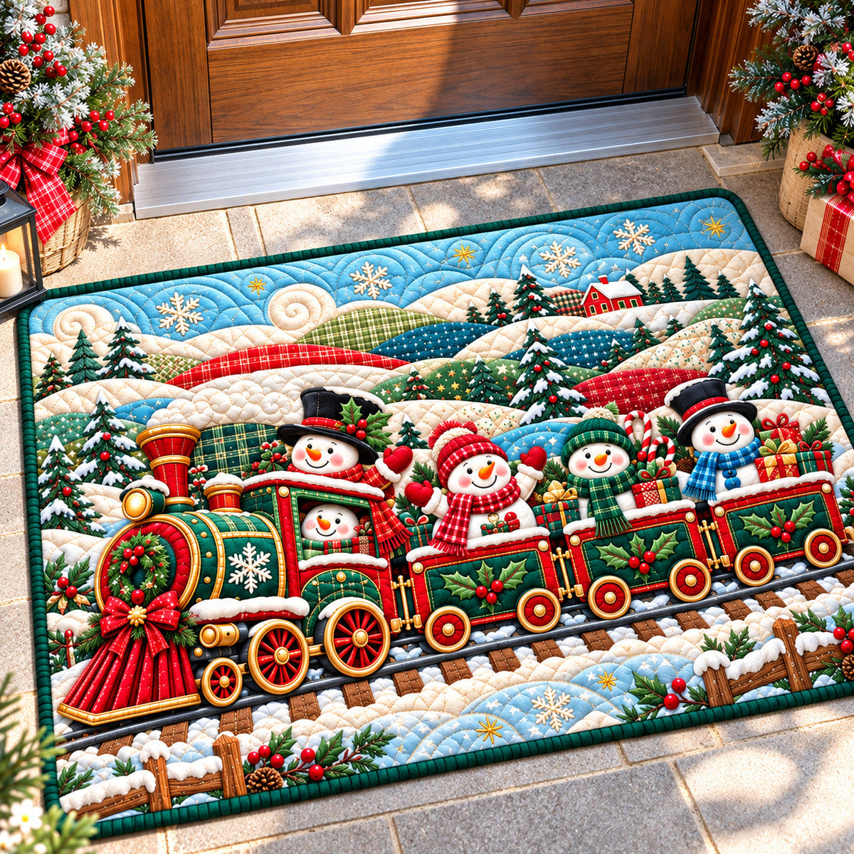 Snowman Friends Doormat - Seasonal Design | Printed Welcome Doormat - washable non-slip printed rug