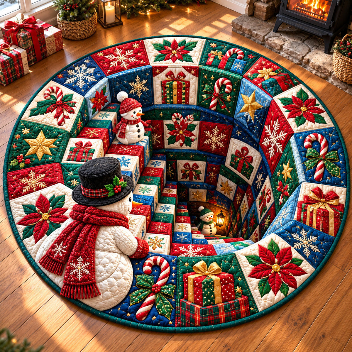 Snowman Frosty Village Round Mat Rug - Seasonal Design | Festive Home Decor - washable non-slip printed rug