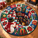 Snowman Frosty Village Round Mat Rug - Seasonal Design | Festive Home Decor - washable non-slip printed rug