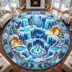 Snowman Frozen Waterfall World Round Mat Rug - Seasonal Design | Festive Home Decor - washable non-slip printed rug