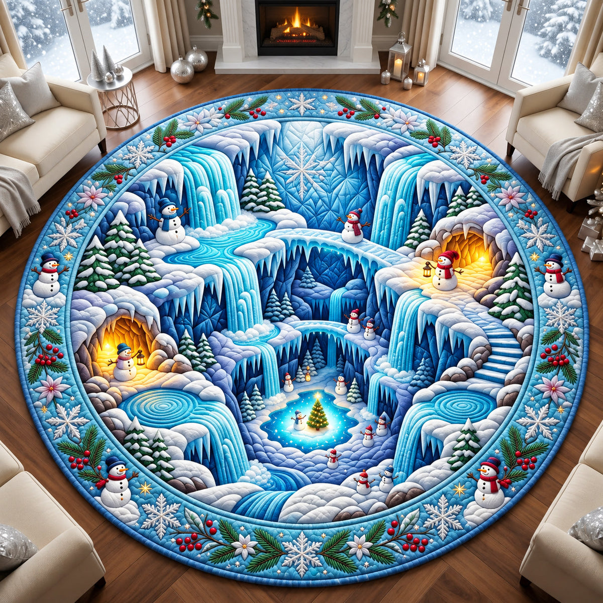 Snowman Frozen Waterfall World Round Mat Rug - Seasonal Design | Festive Home Decor - washable non-slip printed rug