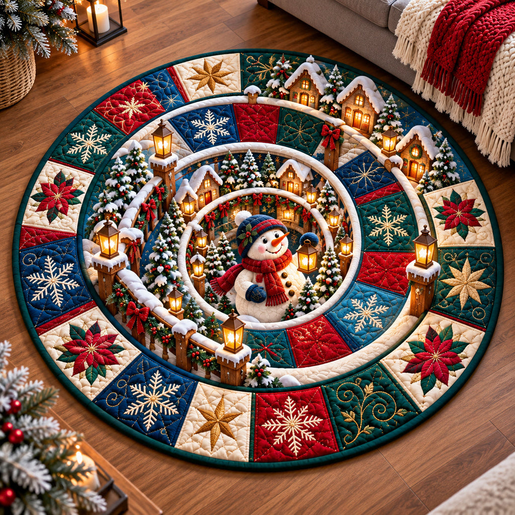 Snowman Holiday Gather Round Mat Rug - Seasonal Design | Festive Home Decor - washable non-slip printed rug