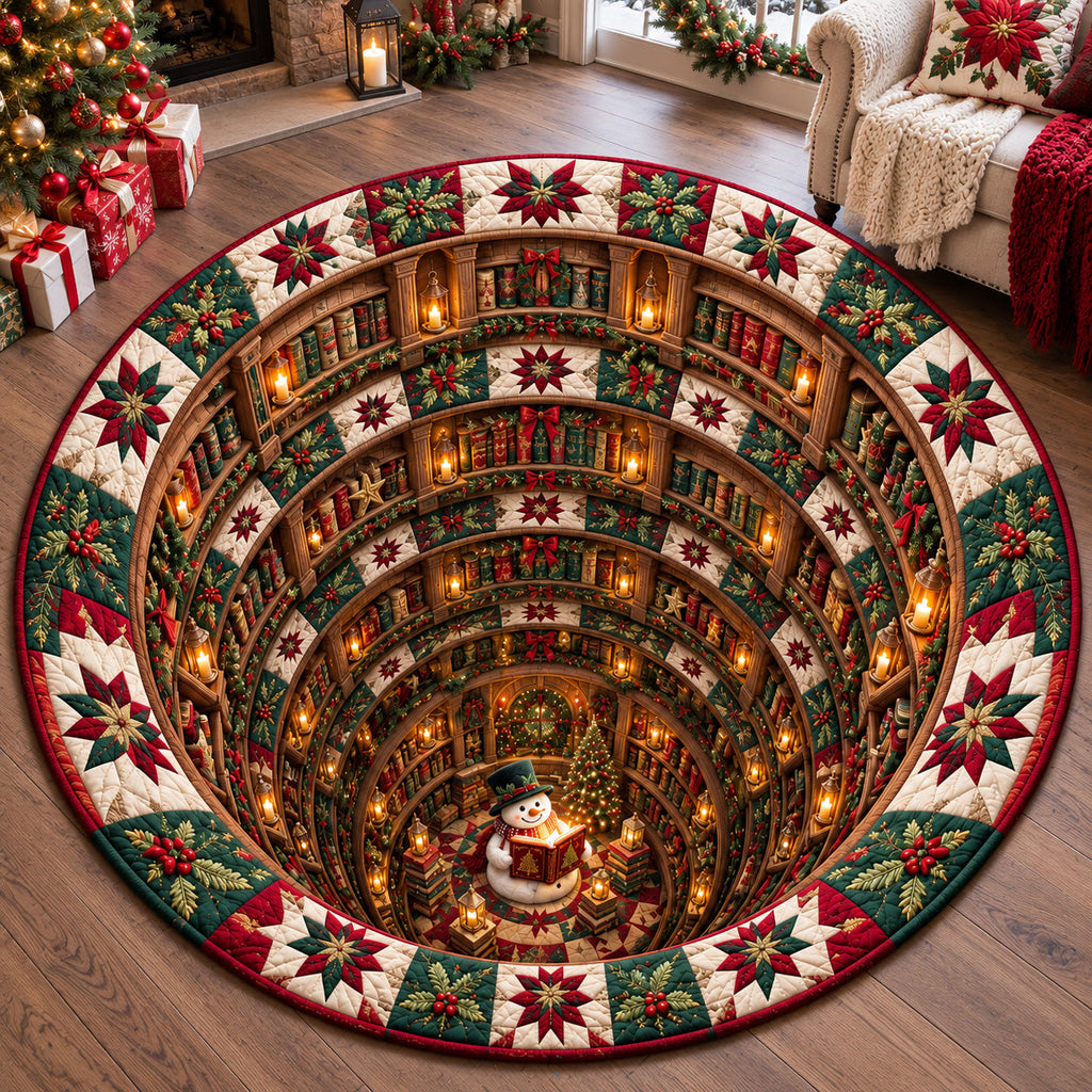 Snowman Holiday Library Round Mat Rug - Seasonal Design | Festive Home Decor - washable non-slip printed rug