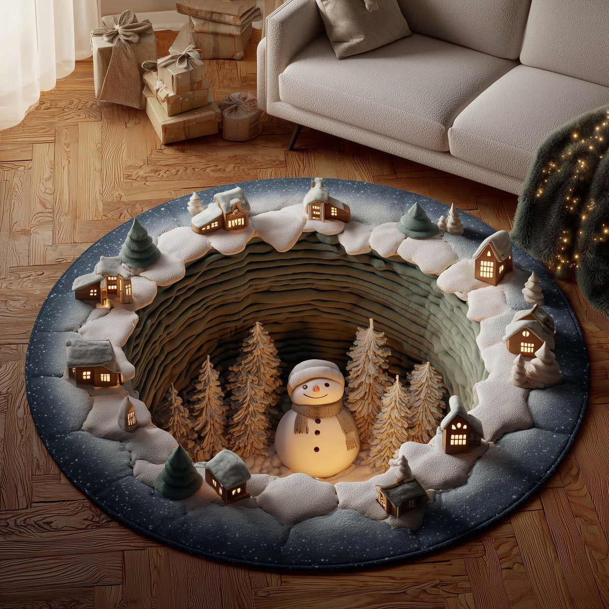 Snowman Lane (Design 5) Round Mat Rug - washable non-slip printed rug