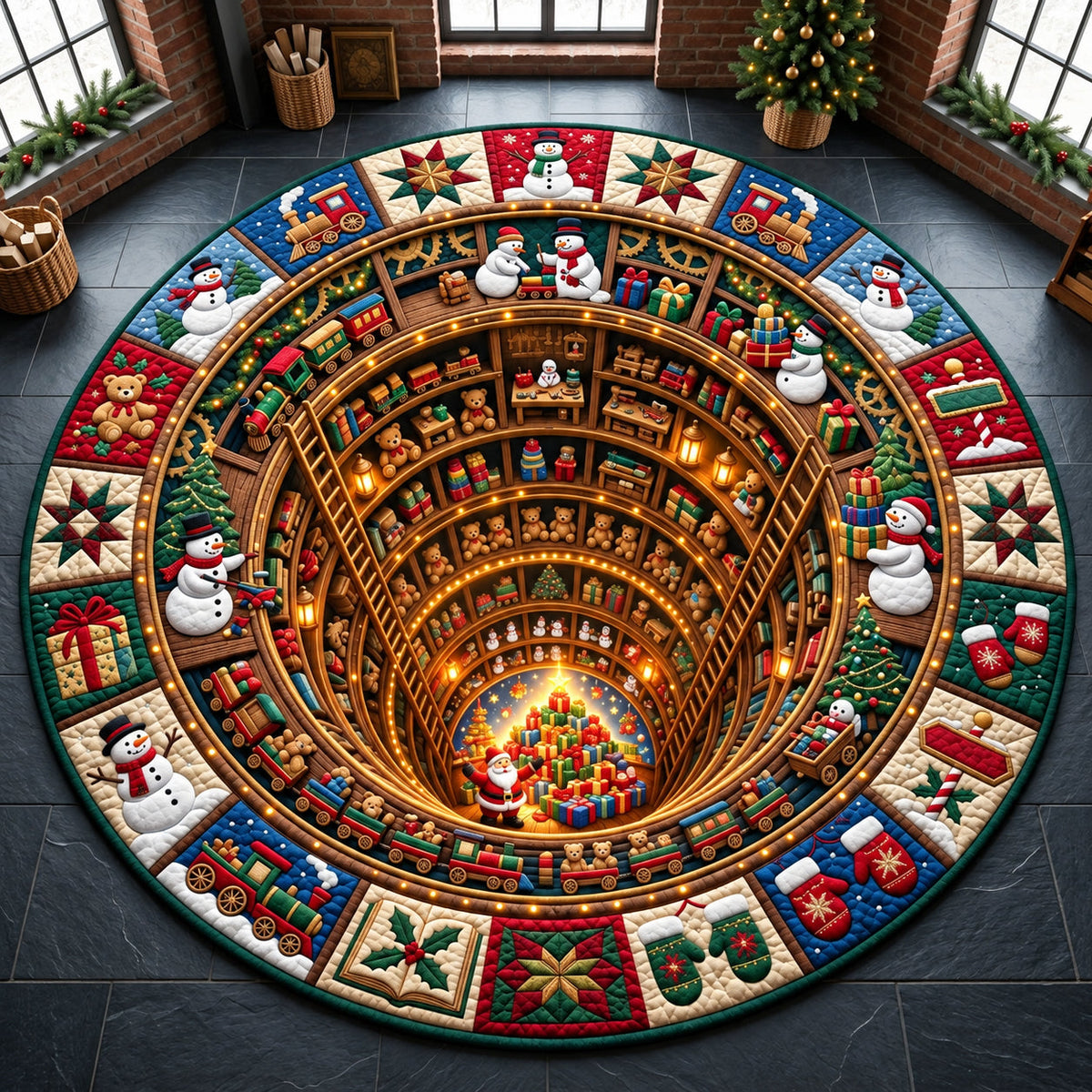 Snowman North Pole Workshop Round Mat Rug - Seasonal Design | Festive Home Decor - washable non-slip printed rug