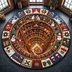 Snowman North Pole Workshop Round Mat Rug - Seasonal Design | Festive Home Decor - washable non-slip printed rug